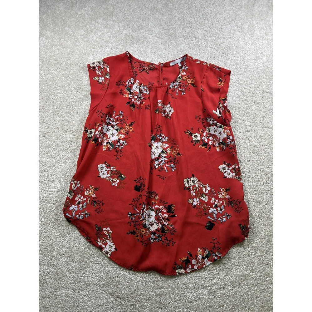 Sweet Rain Blouse Womens XL Red Floral Cap Sleeve Pleated‎ Front Top Polyester